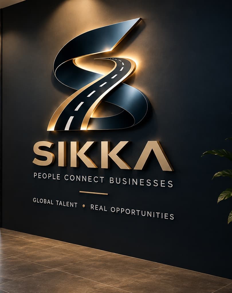 The SIKKA road-and-S logo mounted as illuminated signage reading SIKKA, People Connect Businesses, Global Talent, Real Opportunities, in a premium modern office interior